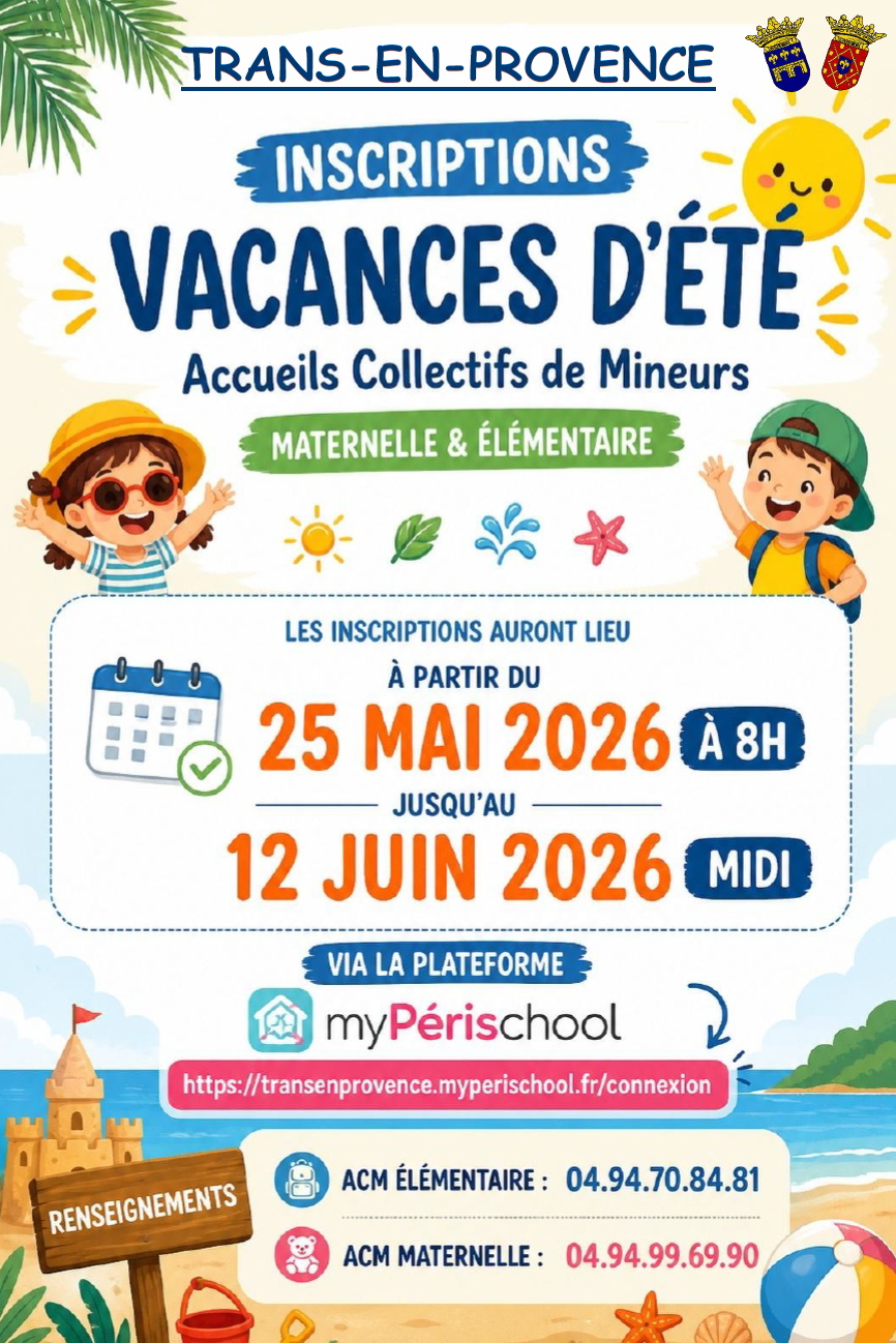 Vacances d'été pour les ACM. Inscriptions du 25 mai à 8h au 12 juin à 12h, sur Myperischool