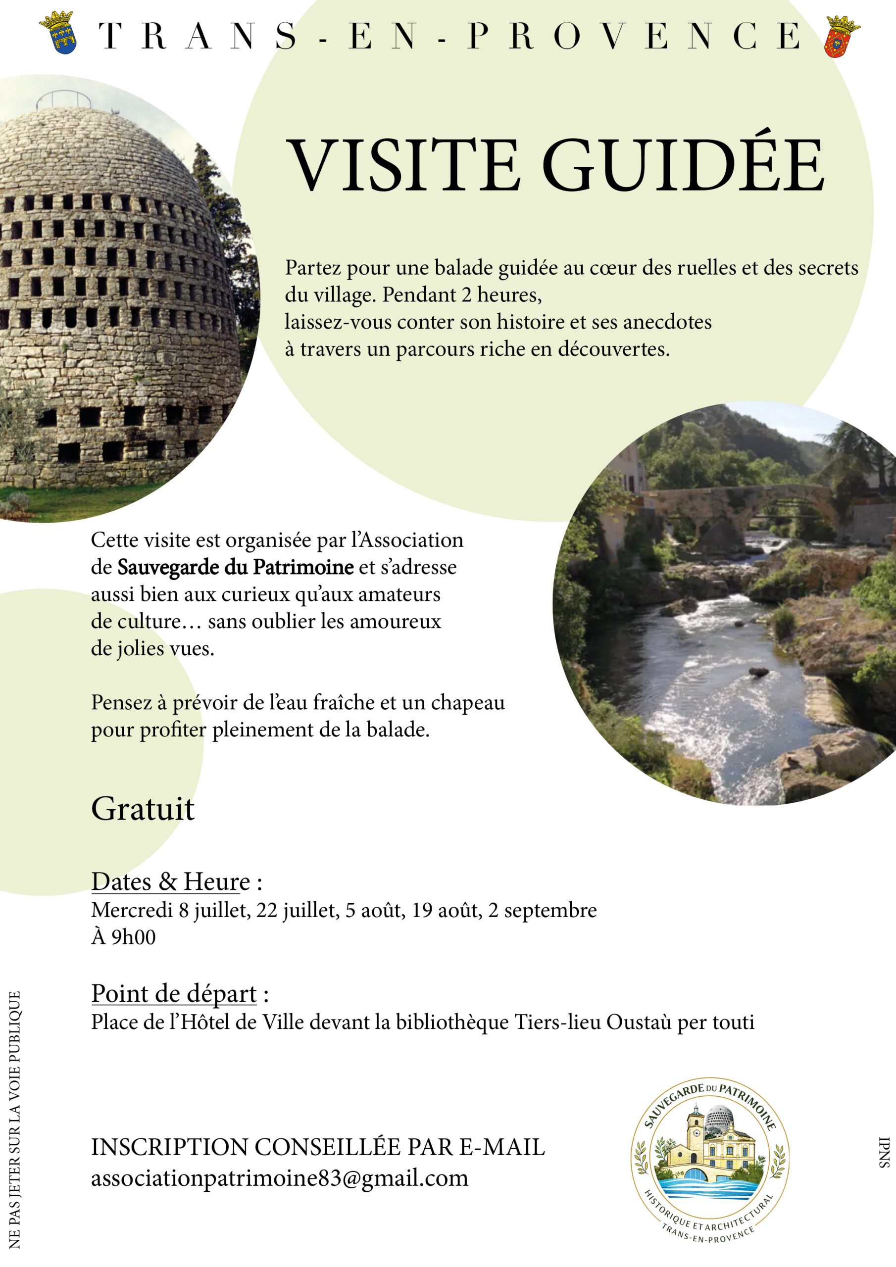 Visite guidée du village. Les 8 et 22 juillet, les 5 et 19 août, le 2 septembre. Durée 2h. Départ 9h place de l’Hôtel de Ville, devant la bibliothèque Tiers-lieu Oustau per touti. Gratuit. Organisé par l’association de Sauvegarde du patrimoine. Inscription conseillée par e-mail à associationpatrimoine83@gmail.com. Prévoir eau fraiche et chapeau.