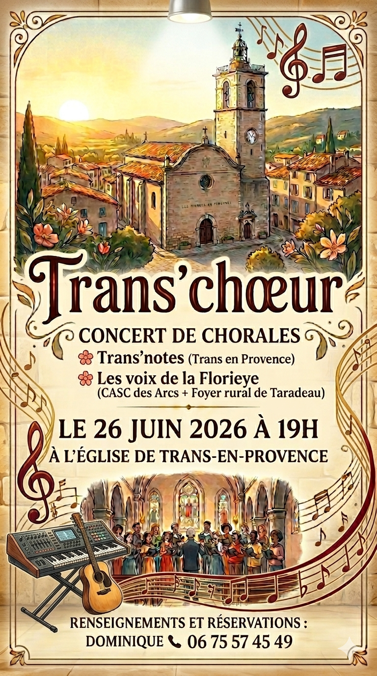 Concert « Trans’choeur ». Vendredi 26 juin. Avec les chorales « Trans’Notes » et « Les Voix de la Florieye », à 19h, Eglise Saint-Victor. Variété française et chants du monde. Entrée libre. Renseignements au 06.75.57.45.49. 
