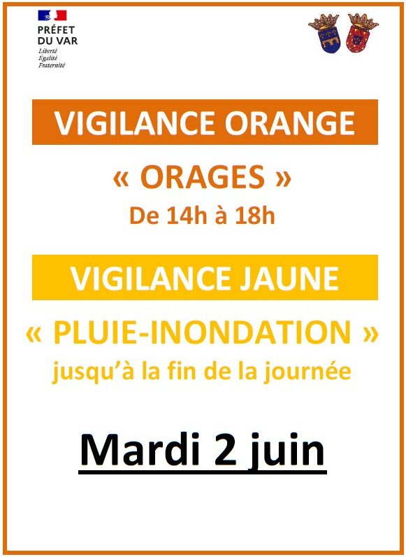Mardi 2 juin. Vigilance orange Orges de 14h à 18h. Vigilance jaune Pluie-Inondation jusqu'à la fin de la journée. Prudence !