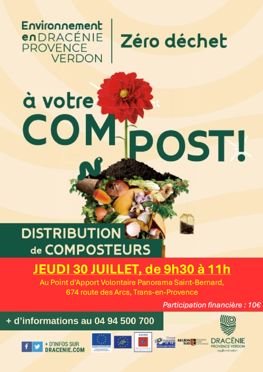 Remise de composteurs. Jeudi 30 juillet, de 9h30 à 11h, au PAV Panorama Saint-Bernard, 674 route des Arcs.