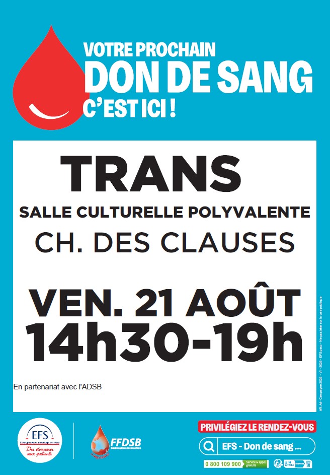 Collecte de sang. Cet été, prenez une heure pour sauver des vies. Les besoins des patients restent constants malgré les vacances. Rejoignez la prochaine collecte de sang organisée le vendredi 21 août à la salle polyvalente : https://efs.link/SKPZH