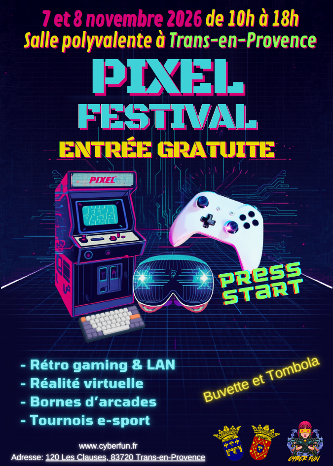 Pixel Festival. Le samedi 7 et le dimanche 8 novembre, de 10h à 18h, salle polyvalente. Rétro gaming et LAN, réalité virtuelle, bornes d’arcade, tournois e-sport. Buvette et tombola. Entrée gratuite.