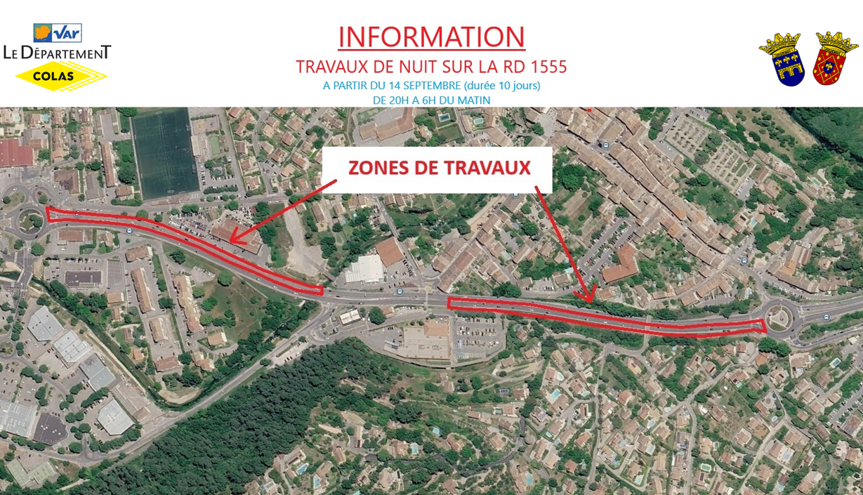 Informations travaux de nuit sur la RD 1555. A partir du 14 septembre, pour une durée de 10 jours. Travaux de 20h à 6h du matin. Pas de fermeture de voie, travaux réalisés sur demi-chaussée.