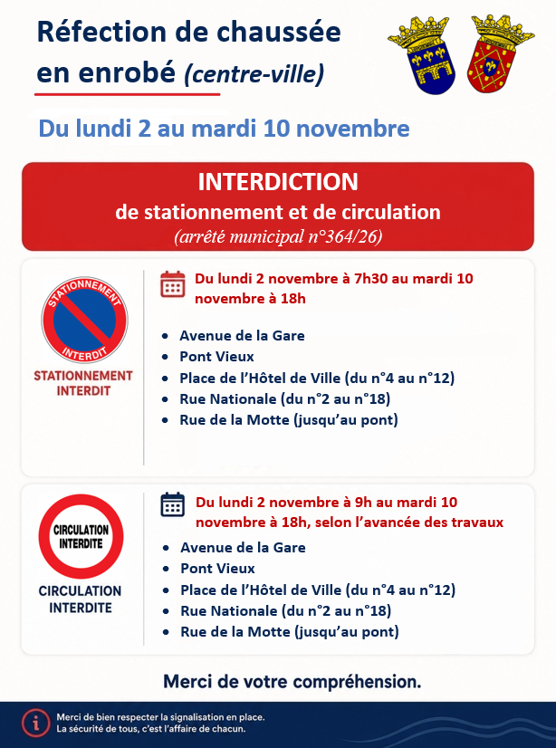 Réfection de chaussée en enrobé dans le centre-ville du 2 au 10 novembre